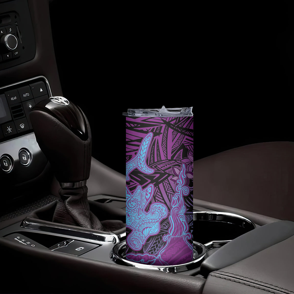 Hawaiian Volcano and Shark Skinny Tumbler Polynesian and Hibiscus Pattern Violet Gradient