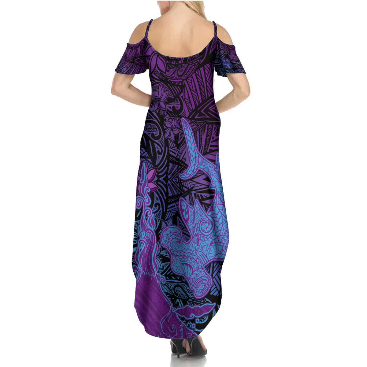 Hawaiian Volcano and Shark Summer Maxi Dress Polynesian and Hibiscus Pattern Violet Gradient
