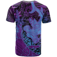 Hawaiian Volcano and Shark T Shirt Polynesian and Hibiscus Pattern Violet Gradient