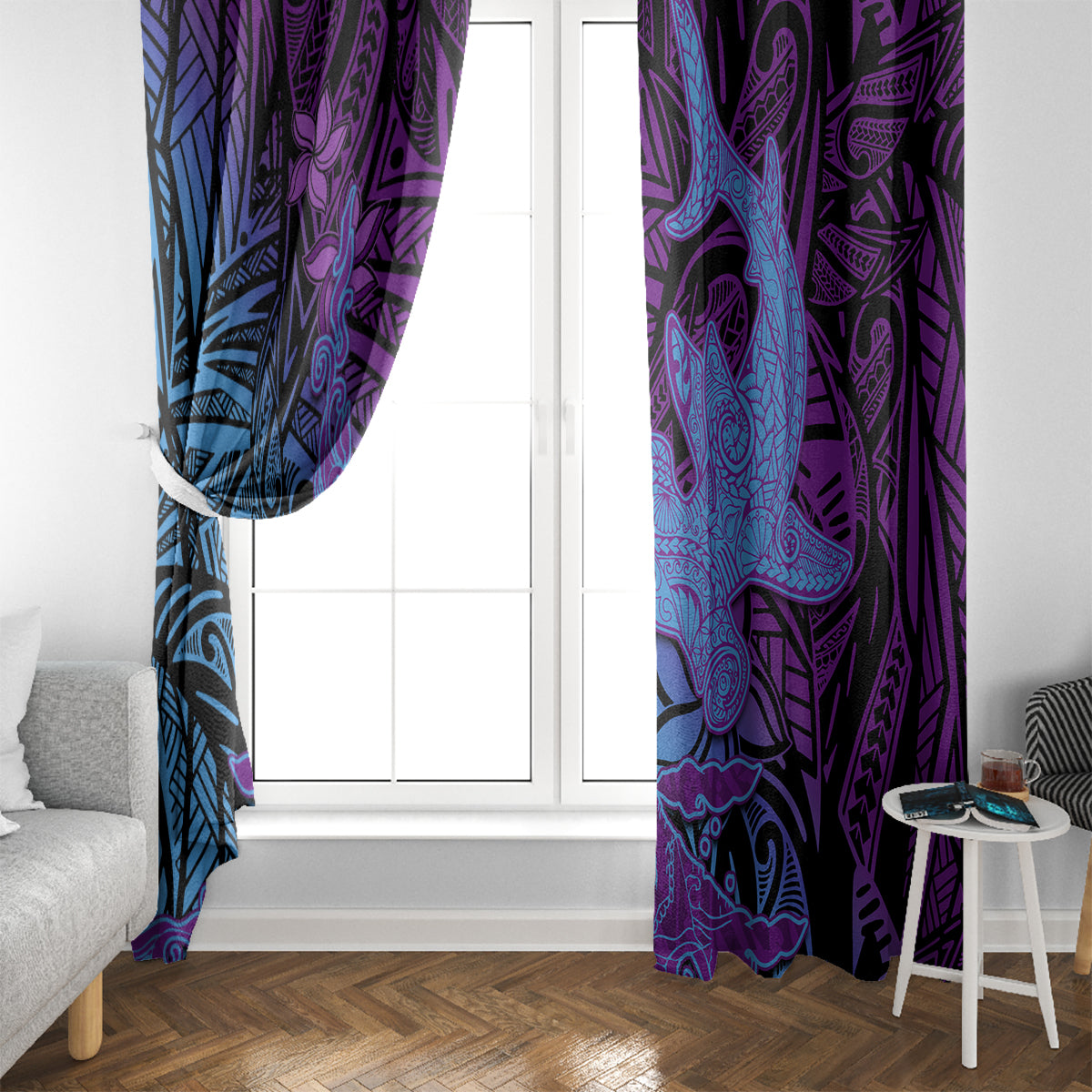 Hawaiian Volcano and Shark Window Curtain Polynesian and Hibiscus Pattern Violet Gradient
