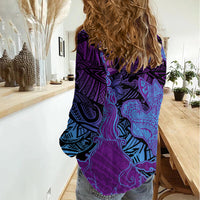 Hawaiian Volcano and Shark Women Casual Shirt Polynesian and Hibiscus Pattern Violet Gradient