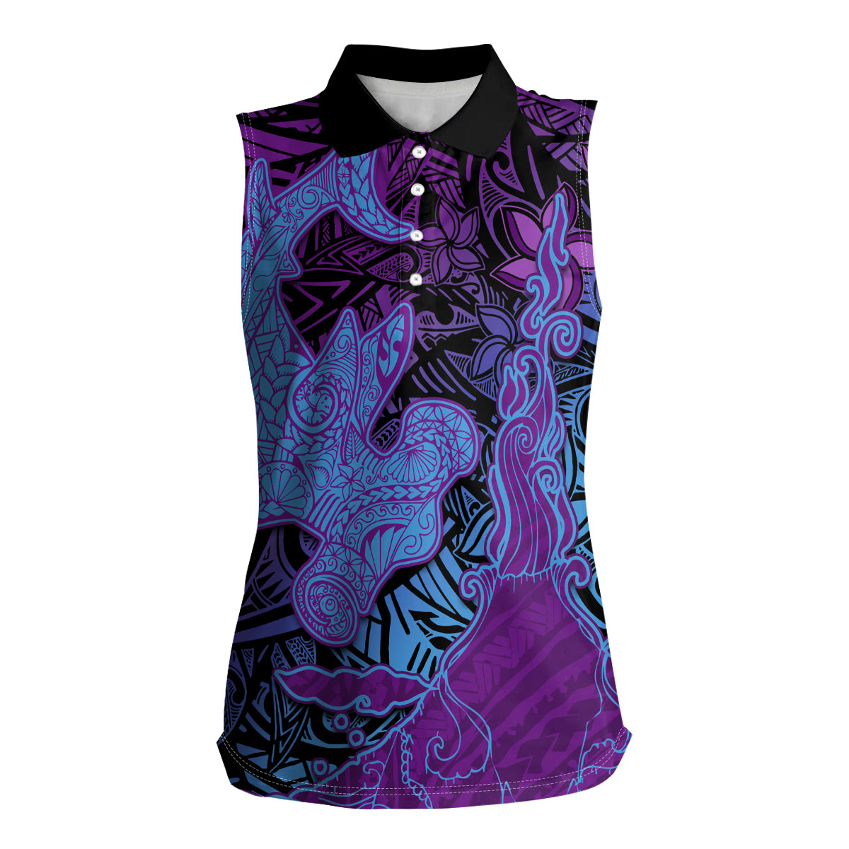 Hawaiian Volcano and Shark Women Sleeveless Polo Shirt Polynesian and Hibiscus Pattern Violet Gradient