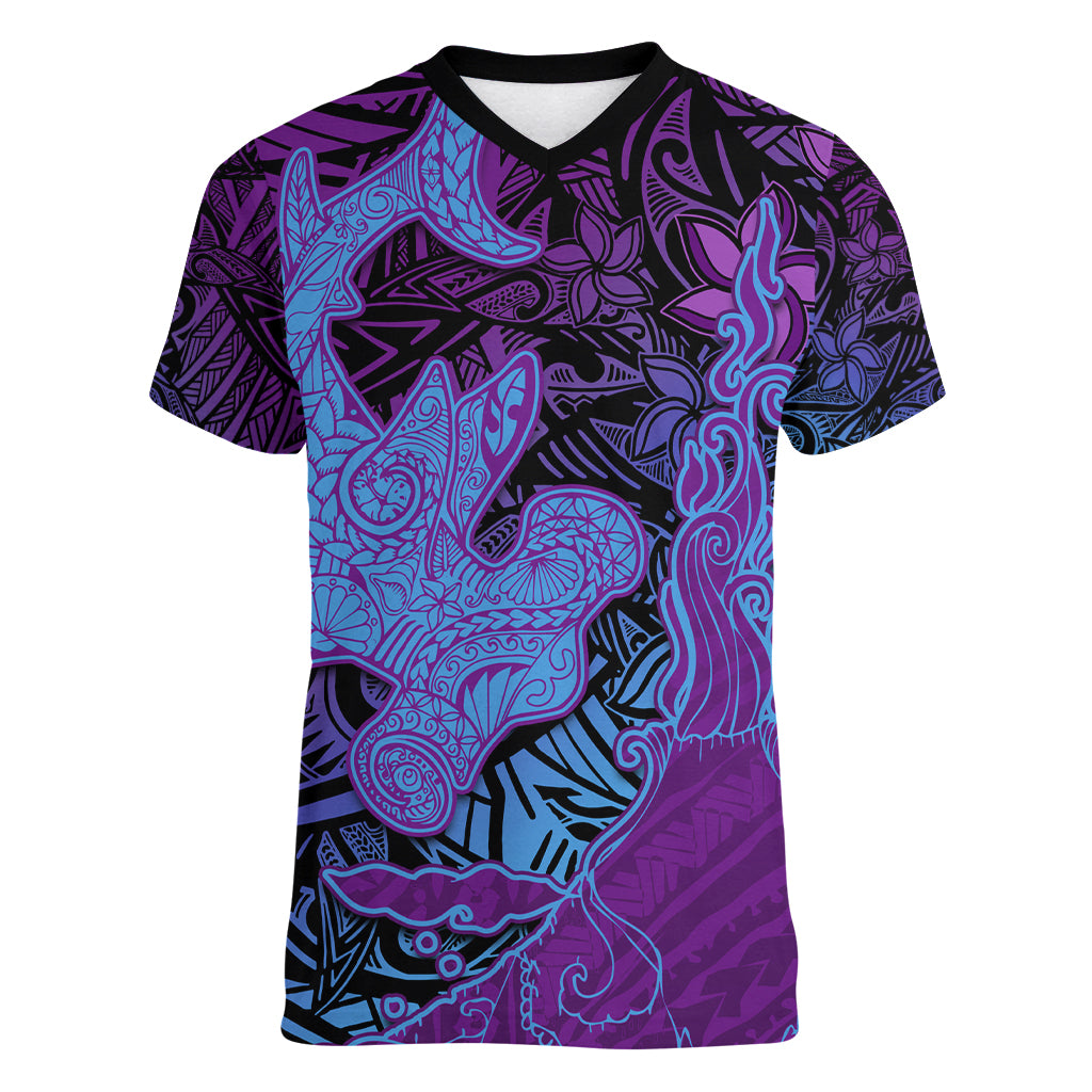 Hawaiian Volcano and Shark Women V-Neck T-Shirt Polynesian and Hibiscus Pattern Violet Gradient