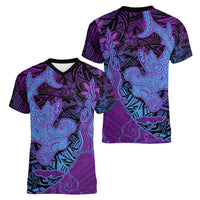 Hawaiian Volcano and Shark Women V-Neck T-Shirt Polynesian and Hibiscus Pattern Violet Gradient