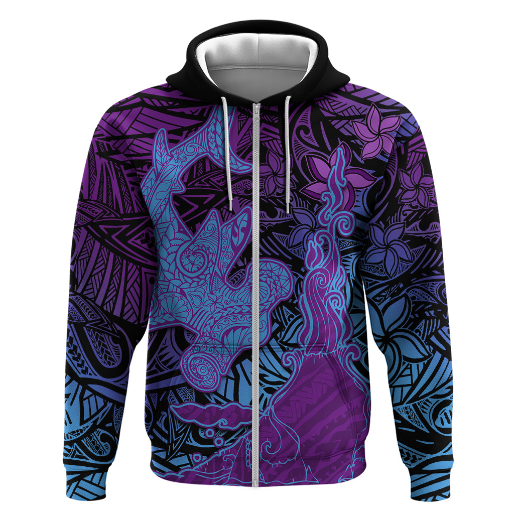 Hawaiian Volcano and Shark Zip Hoodie Polynesian and Hibiscus Pattern Violet Gradient