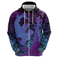 Hawaiian Volcano and Shark Zip Hoodie Polynesian and Hibiscus Pattern Violet Gradient
