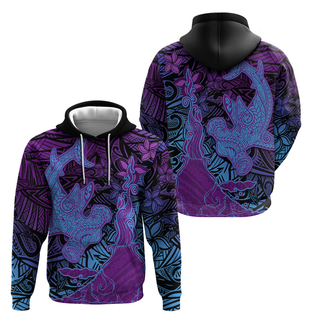 Hawaiian Volcano and Shark Zip Hoodie Polynesian and Hibiscus Pattern Violet Gradient