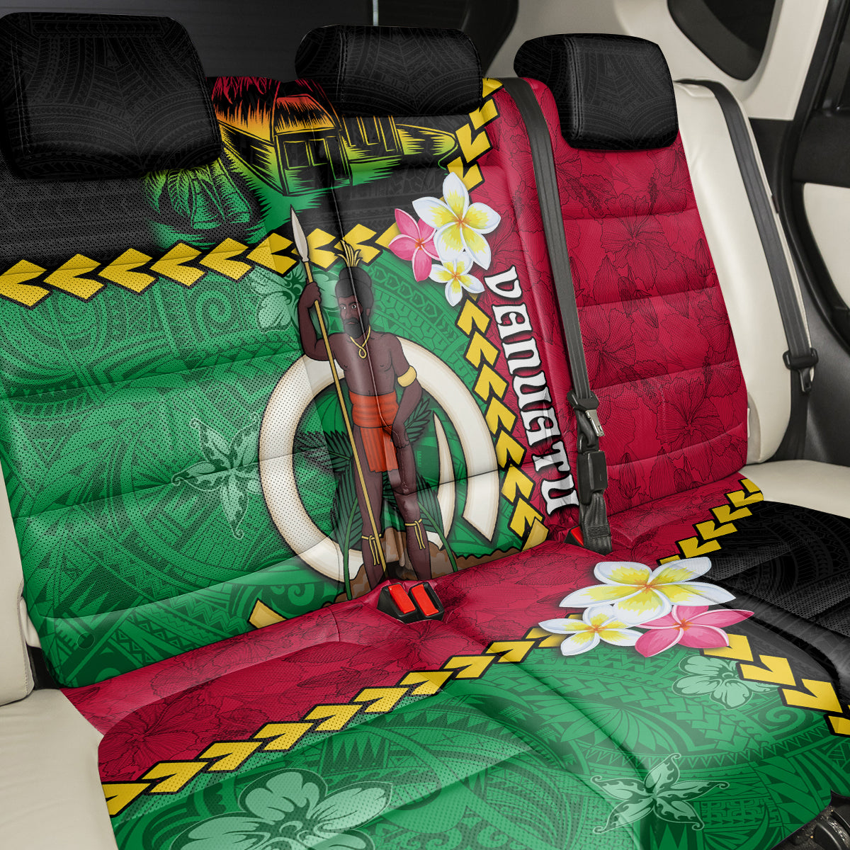 Vanuatu Nakamal and Plumeria Flowers Back Car Seat Cover Polynesian Pattern