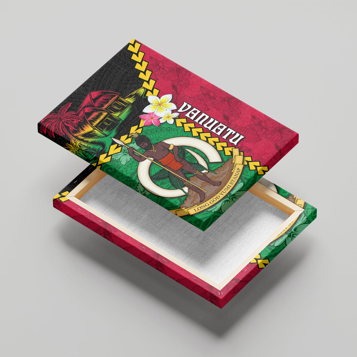 Vanuatu Nakamal and Plumeria Flowers Canvas Wall Art Polynesian Pattern