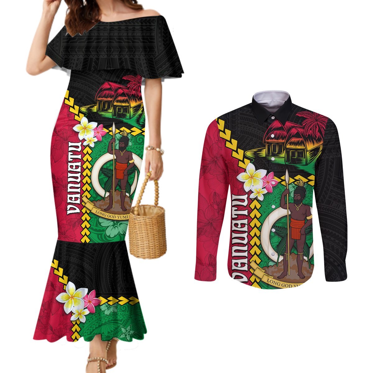 Vanuatu Nakamal and Plumeria Flowers Couples Matching Mermaid Dress and Long Sleeve Button Shirt Polynesian Pattern LT03 Black - Polynesian Pride