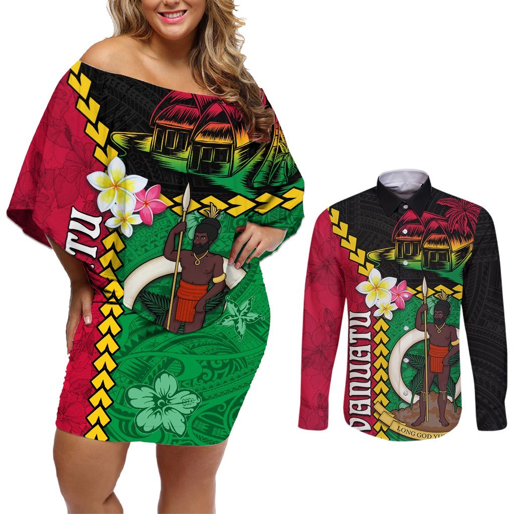 Vanuatu Nakamal and Plumeria Flowers Couples Matching Off Shoulder Short Dress and Long Sleeve Button Shirt Polynesian Pattern LT03 Black - Polynesian Pride