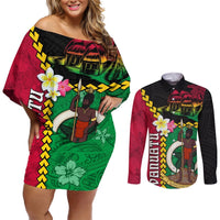Vanuatu Nakamal and Plumeria Flowers Couples Matching Off Shoulder Short Dress and Long Sleeve Button Shirt Polynesian Pattern LT03 Black - Polynesian Pride