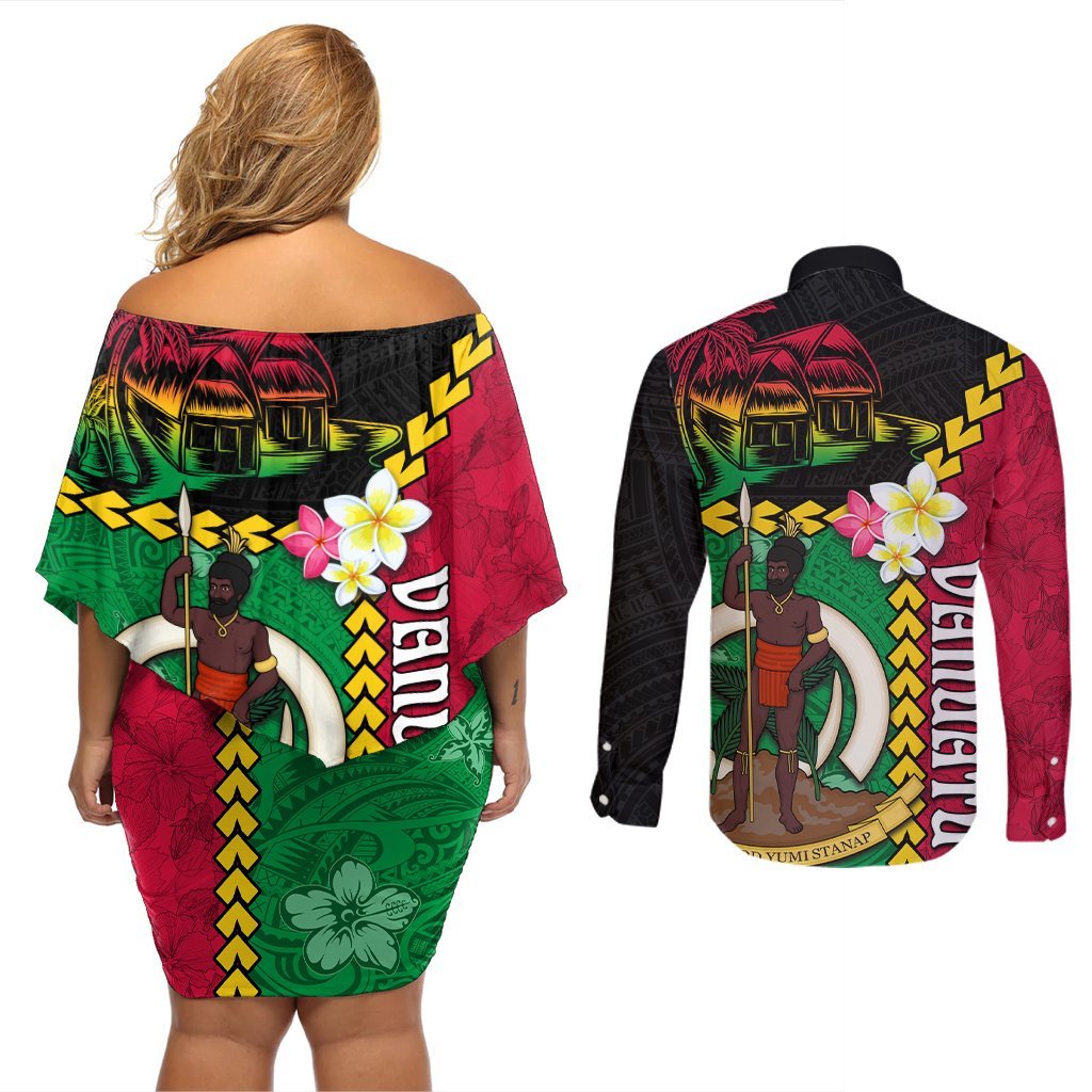 Vanuatu Nakamal and Plumeria Flowers Couples Matching Off Shoulder Short Dress and Long Sleeve Button Shirt Polynesian Pattern LT03 - Polynesian Pride