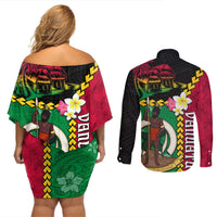 Vanuatu Nakamal and Plumeria Flowers Couples Matching Off Shoulder Short Dress and Long Sleeve Button Shirt Polynesian Pattern LT03 - Polynesian Pride