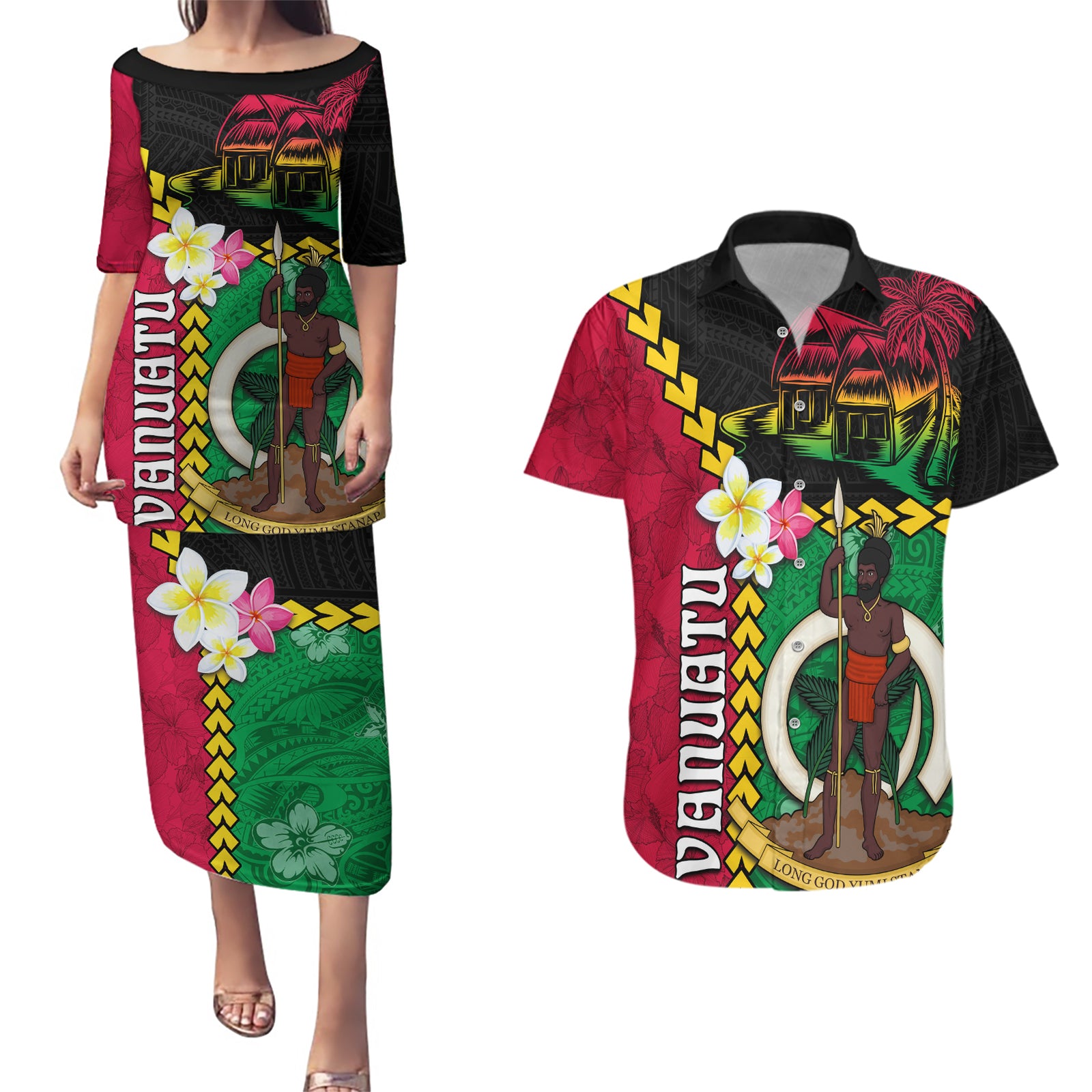 Vanuatu Nakamal and Plumeria Flowers Couples Matching Puletasi and Hawaiian Shirt Polynesian Pattern