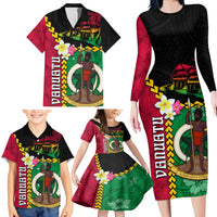 Vanuatu Nakamal and Plumeria Flowers Family Matching Long Sleeve Bodycon Dress and Hawaiian Shirt Polynesian Pattern LT03 - Polynesian Pride