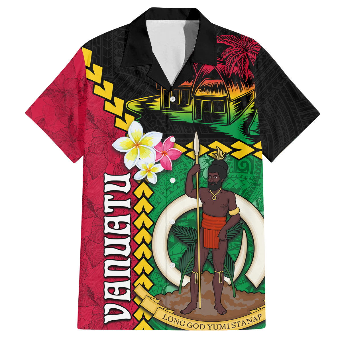 Vanuatu Nakamal and Plumeria Flowers Family Matching Long Sleeve Bodycon Dress and Hawaiian Shirt Polynesian Pattern LT03 Dad's Shirt - Short Sleeve Black - Polynesian Pride
