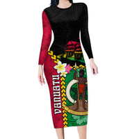 Vanuatu Nakamal and Plumeria Flowers Family Matching Long Sleeve Bodycon Dress and Hawaiian Shirt Polynesian Pattern LT03 Mom's Dress Black - Polynesian Pride