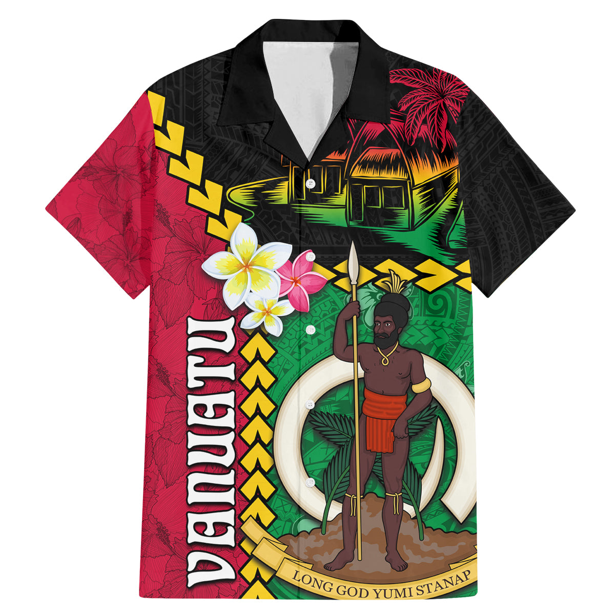 Vanuatu Nakamal and Plumeria Flowers Family Matching Mermaid Dress and Hawaiian Shirt Polynesian Pattern LT03 Dad's Shirt - Short Sleeve Black - Polynesian Pride