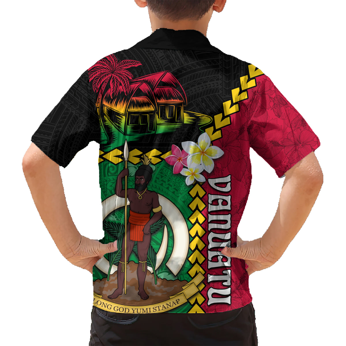 Vanuatu Nakamal and Plumeria Flowers Family Matching Short Sleeve Bodycon Dress and Hawaiian Shirt Polynesian Pattern LT03 - Polynesian Pride