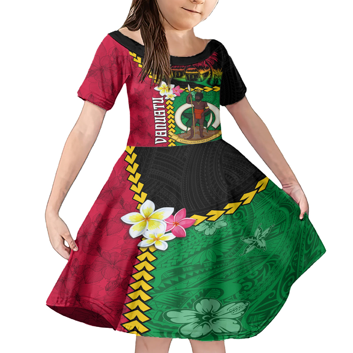 Vanuatu Nakamal and Plumeria Flowers Family Matching Short Sleeve Bodycon Dress and Hawaiian Shirt Polynesian Pattern LT03 Daughter's Dress Black - Polynesian Pride