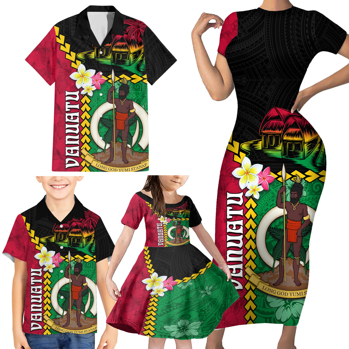 Vanuatu Nakamal and Plumeria Flowers Family Matching Short Sleeve Bodycon Dress and Hawaiian Shirt Polynesian Pattern LT03 - Polynesian Pride