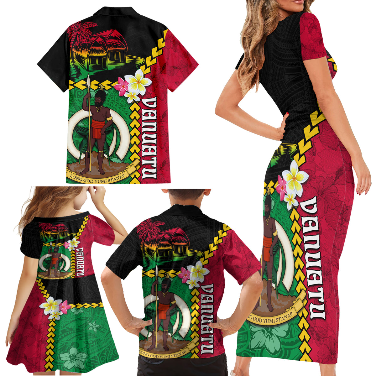 Vanuatu Nakamal and Plumeria Flowers Family Matching Short Sleeve Bodycon Dress and Hawaiian Shirt Polynesian Pattern LT03 - Polynesian Pride