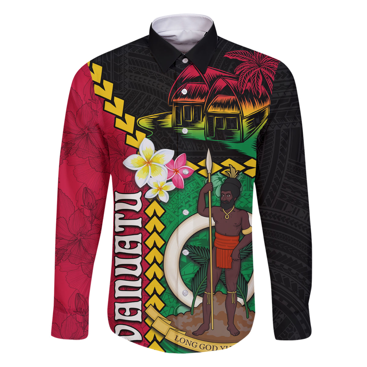 Vanuatu Nakamal and Plumeria Flowers Family Matching Short Sleeve Bodycon Dress and Hawaiian Shirt Polynesian Pattern LT03 Dad's Shirt - Long Sleeve Black - Polynesian Pride