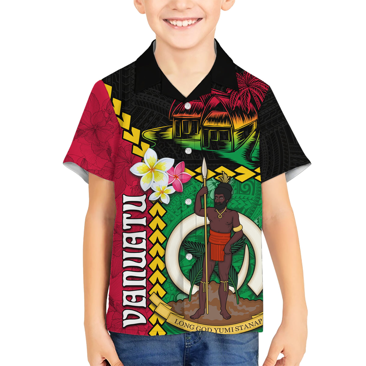 Vanuatu Nakamal and Plumeria Flowers Family Matching Short Sleeve Bodycon Dress and Hawaiian Shirt Polynesian Pattern LT03 Son's Shirt Black - Polynesian Pride