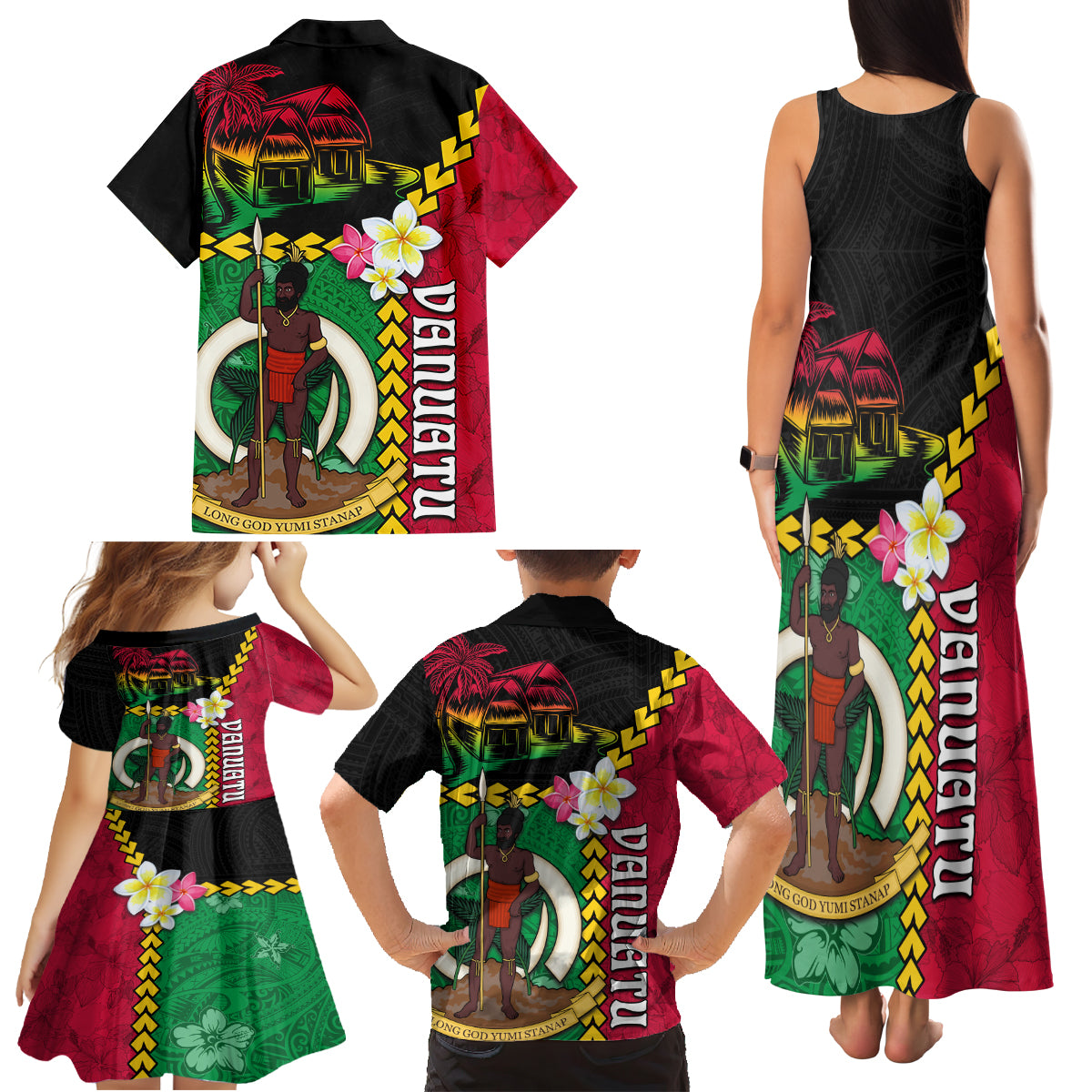 Vanuatu Nakamal and Plumeria Flowers Family Matching Tank Maxi Dress and Hawaiian Shirt Polynesian Pattern