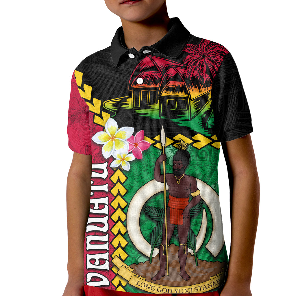 Vanuatu Nakamal and Plumeria Flowers Kid Polo Shirt Polynesian Pattern