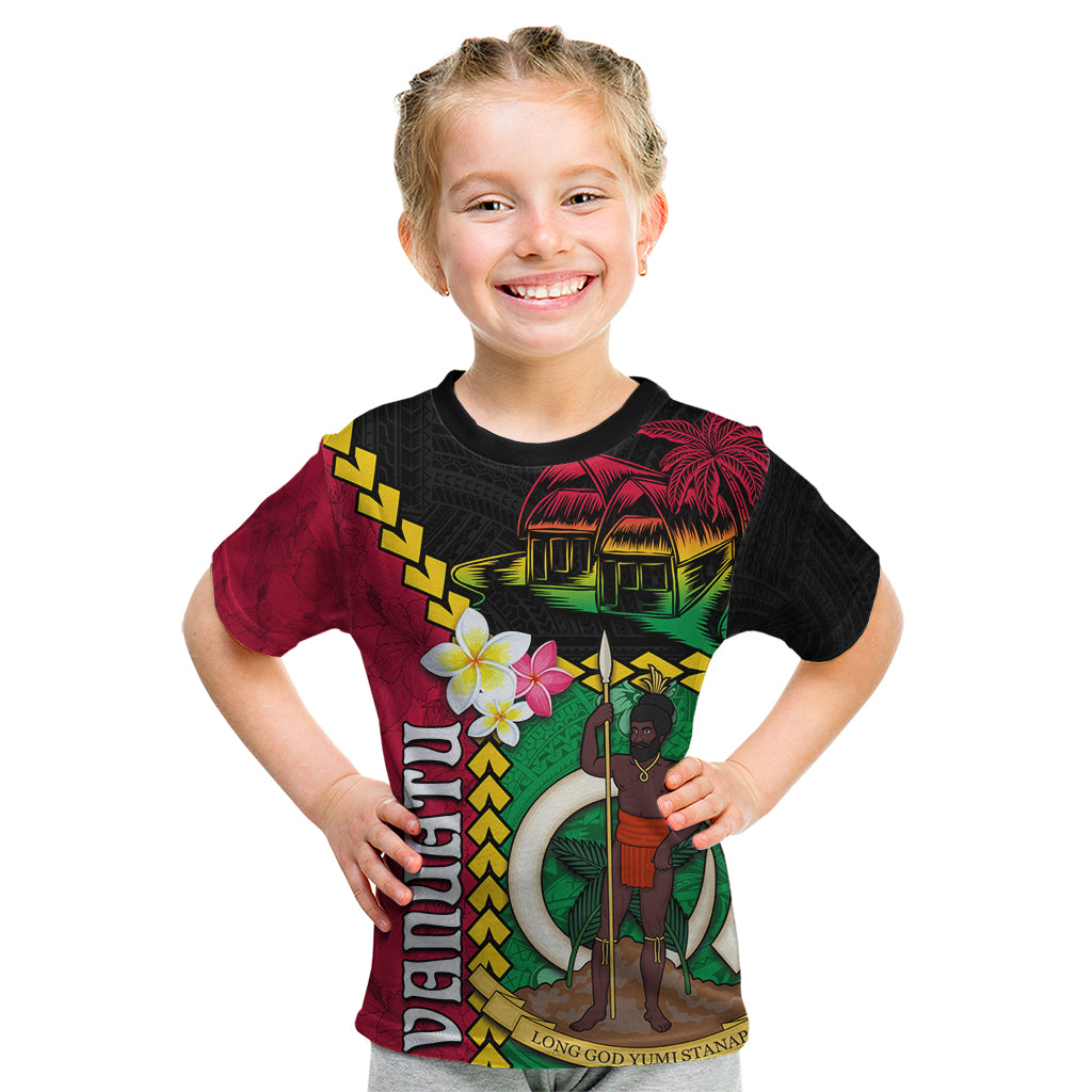 Vanuatu Nakamal and Plumeria Flowers Kid T Shirt Polynesian Pattern