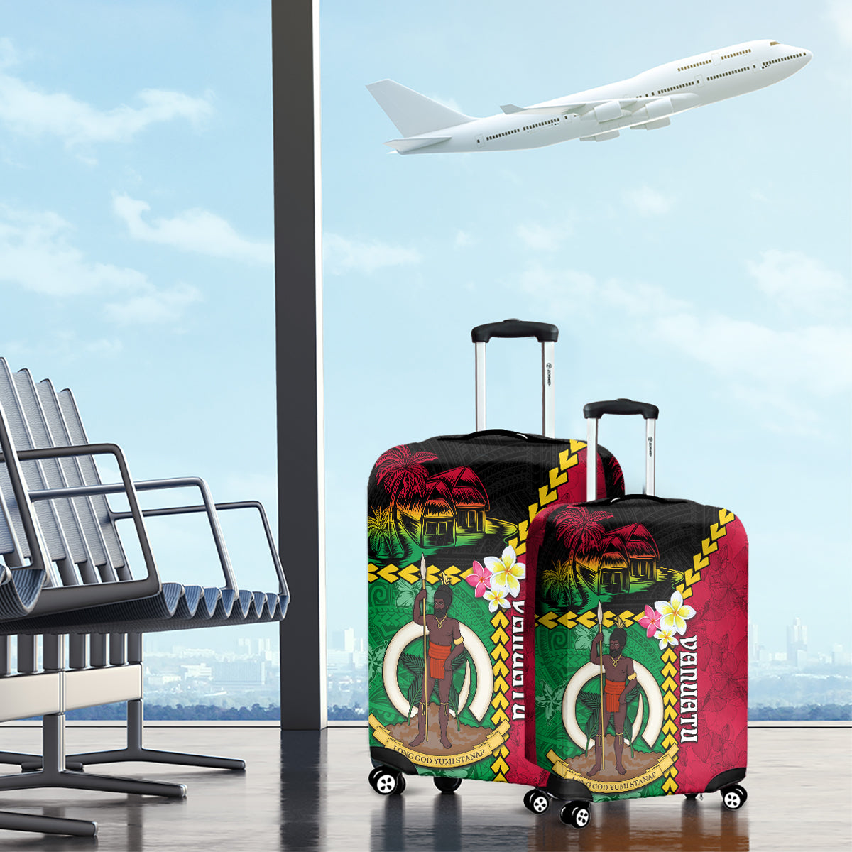 Vanuatu Nakamal and Plumeria Flowers Luggage Cover Polynesian Pattern