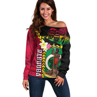 Vanuatu Nakamal and Plumeria Flowers Off Shoulder Sweater Polynesian Pattern