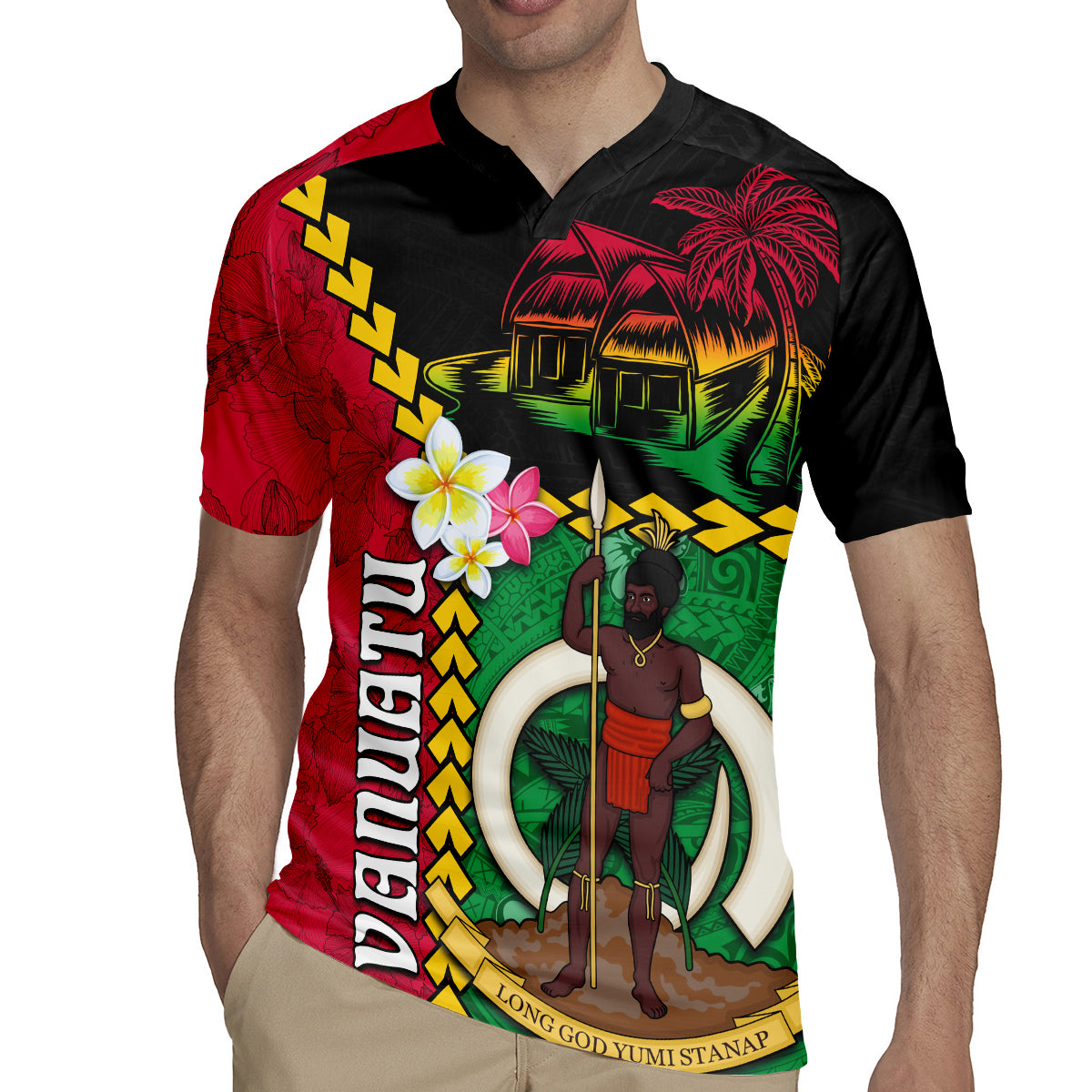 Vanuatu Nakamal and Plumeria Flowers Rugby Jersey Polynesian Pattern