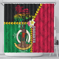 Vanuatu Nakamal and Plumeria Flowers Shower Curtain Polynesian Pattern
