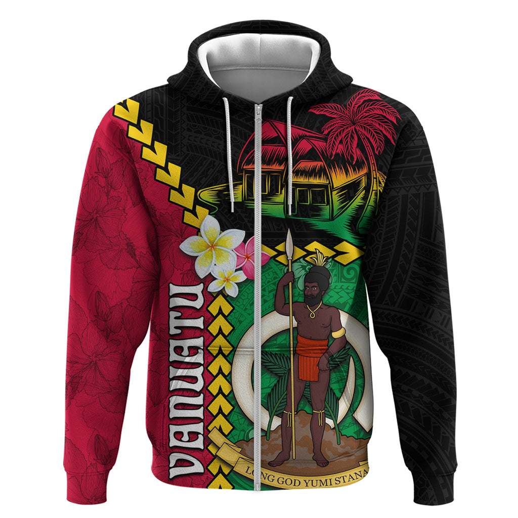 Vanuatu Nakamal and Plumeria Flowers Zip Hoodie Polynesian Pattern