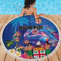 Fiji Bula Beach Blanket Tropical Plants with Palm Tree and Iguana Colorful