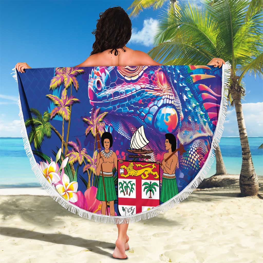 Fiji Bula Beach Blanket Tropical Plants with Palm Tree and Iguana Colorful