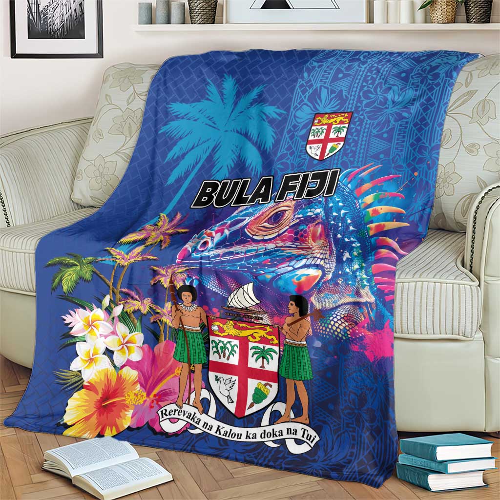 Fiji Bula Blanket Tropical Plants with Palm Tree and Iguana Colorful