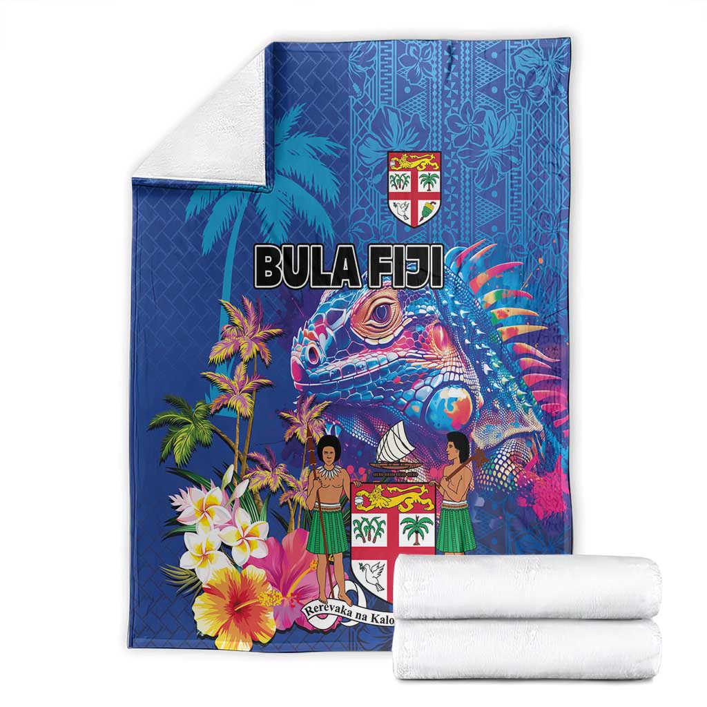 Fiji Bula Blanket Tropical Plants with Palm Tree and Iguana Colorful