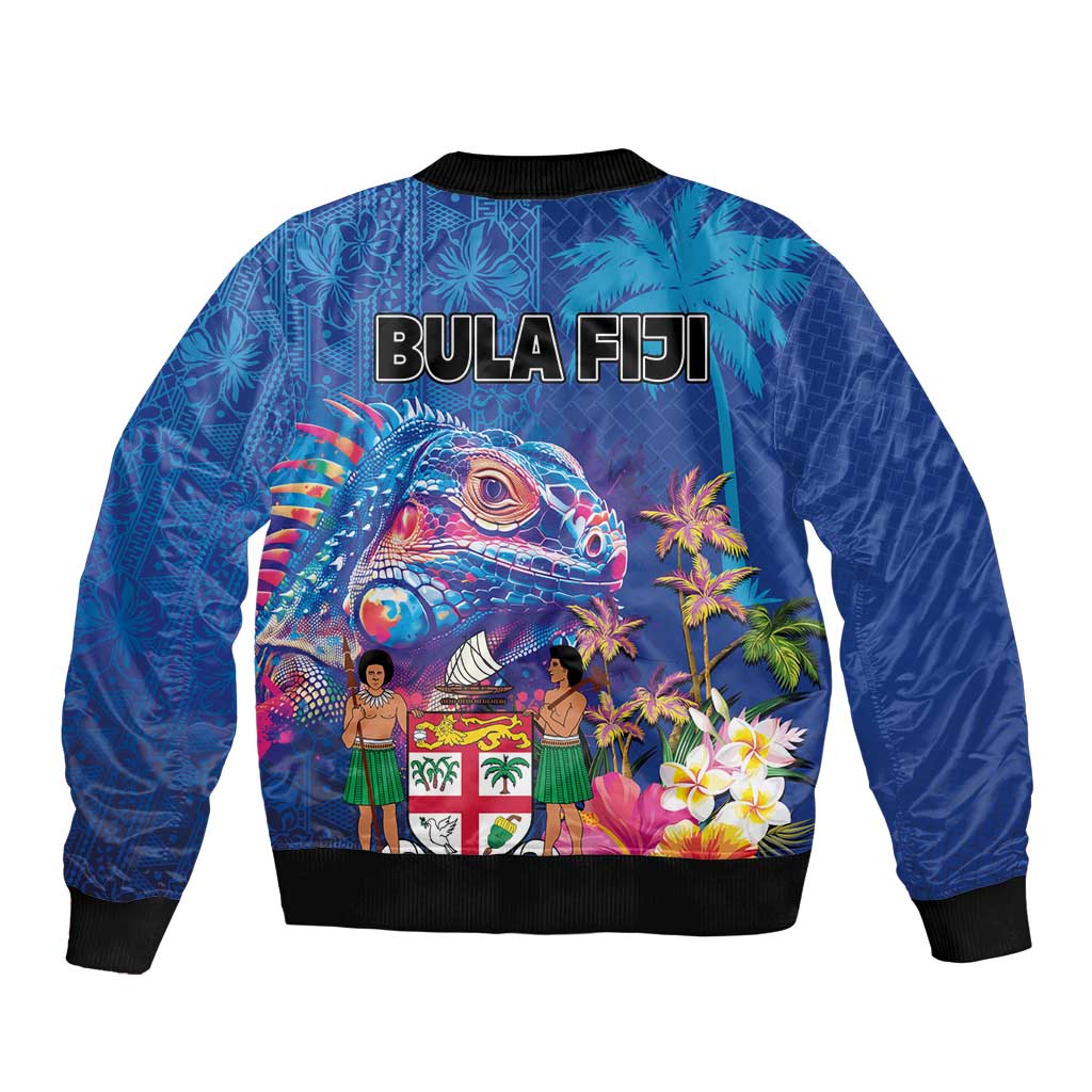 Fiji Bula Bomber Jacket Tropical Plants with Palm Tree and Iguana Colorful