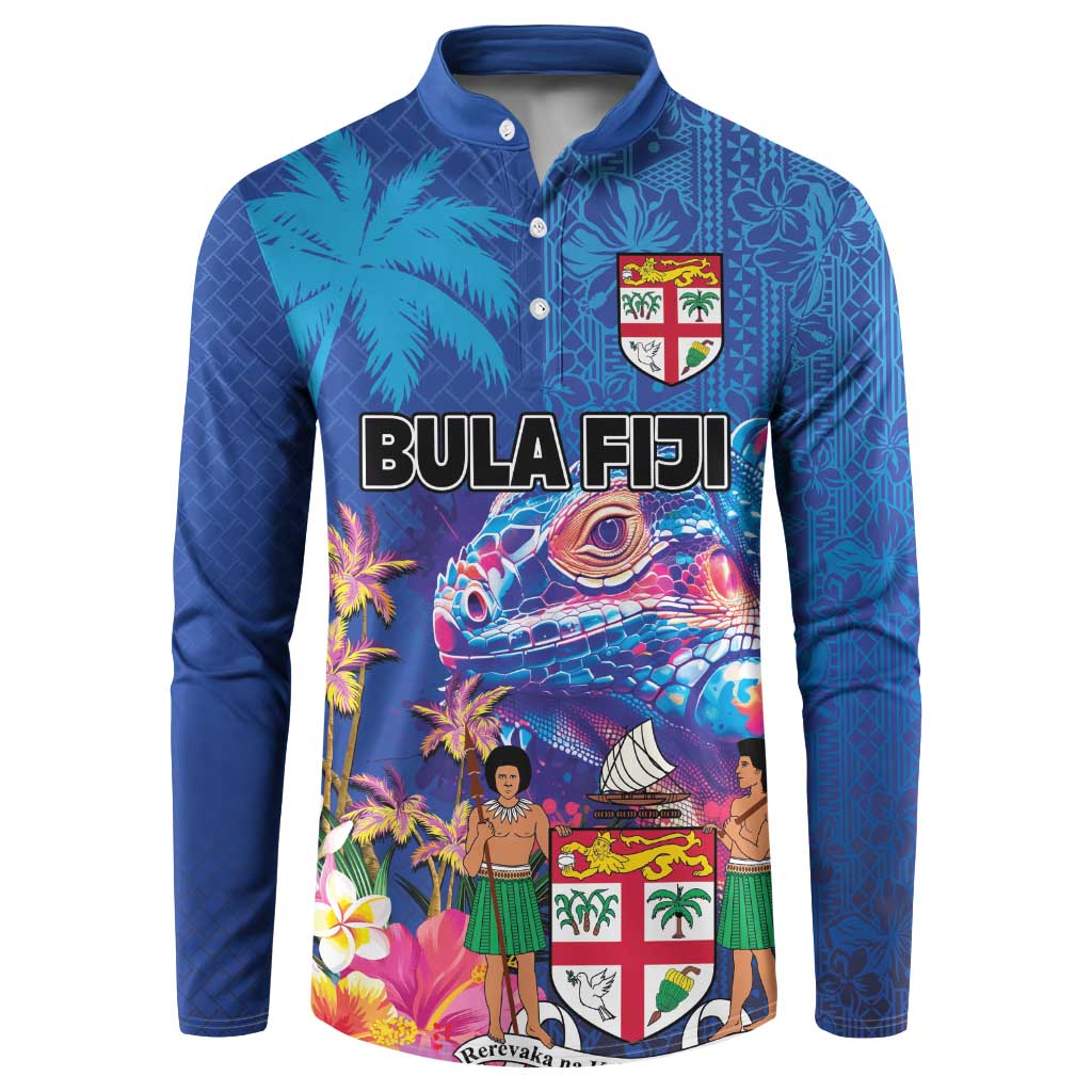 Fiji Bula Button Sweatshirt Tropical Plants with Palm Tree and Iguana Colorful