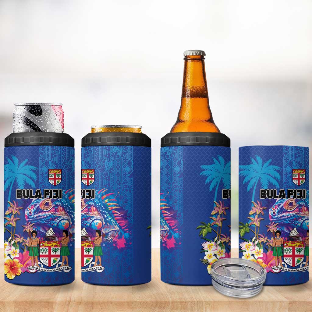 Fiji Bula 4 in 1 Can Cooler Tumbler Tropical Plants with Palm Tree and Iguana Colorful