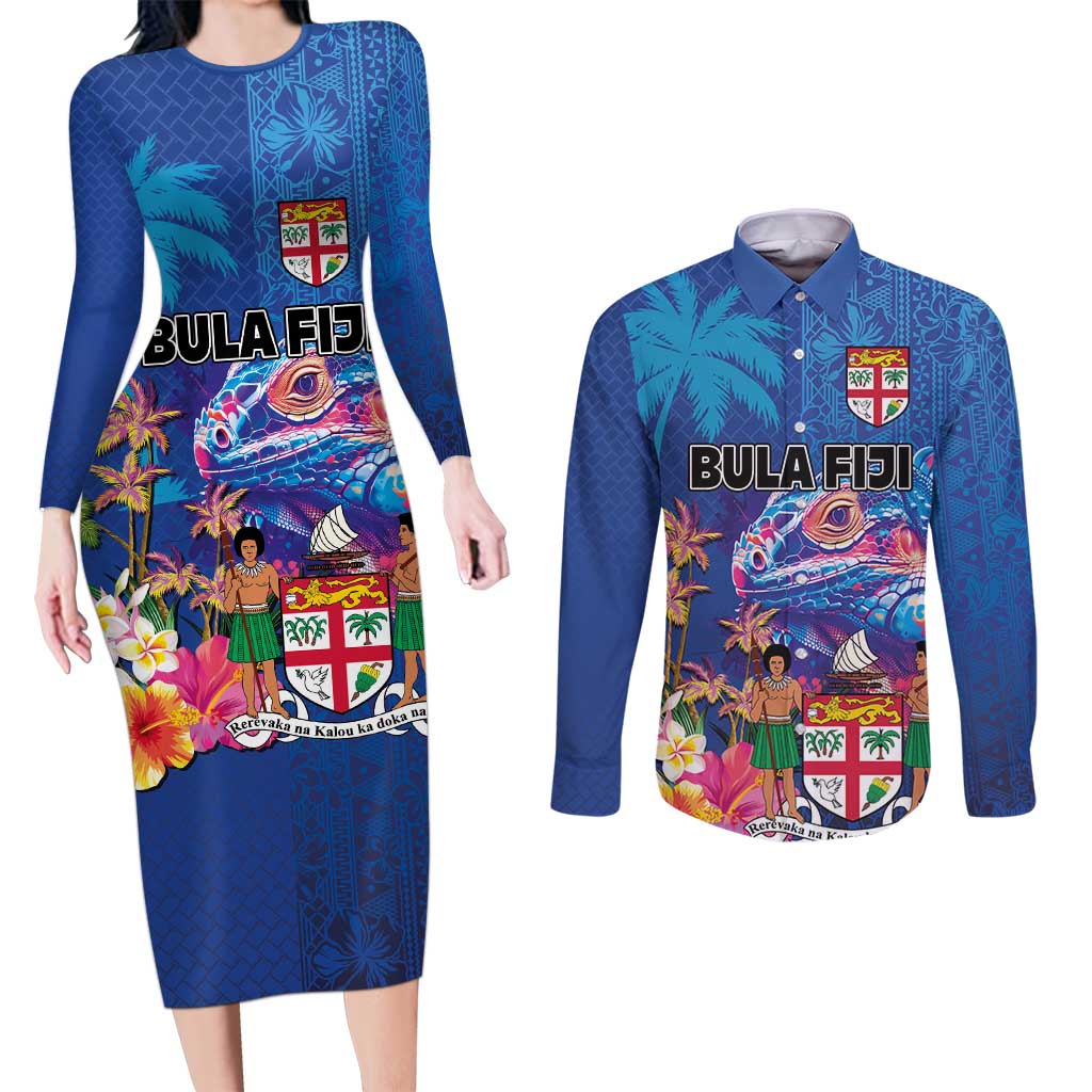 Fiji Bula Couples Matching Long Sleeve Bodycon Dress and Long Sleeve Button Shirt Tropical Plants with Palm Tree and Iguana Colorful