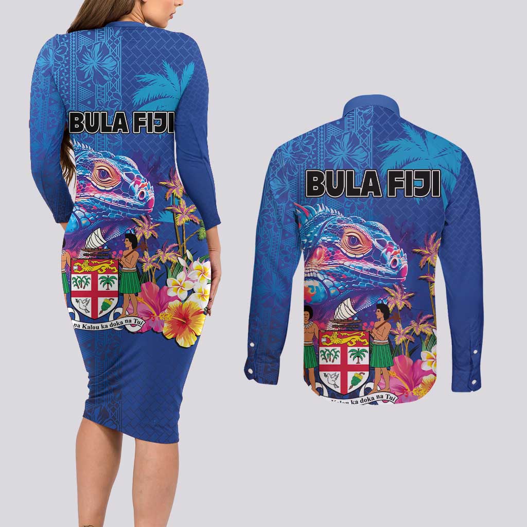 Fiji Bula Couples Matching Long Sleeve Bodycon Dress and Long Sleeve Button Shirt Tropical Plants with Palm Tree and Iguana Colorful
