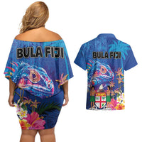 Fiji Bula Couples Matching Off Shoulder Short Dress and Hawaiian Shirt Tropical Plants with Palm Tree and Iguana Colorful