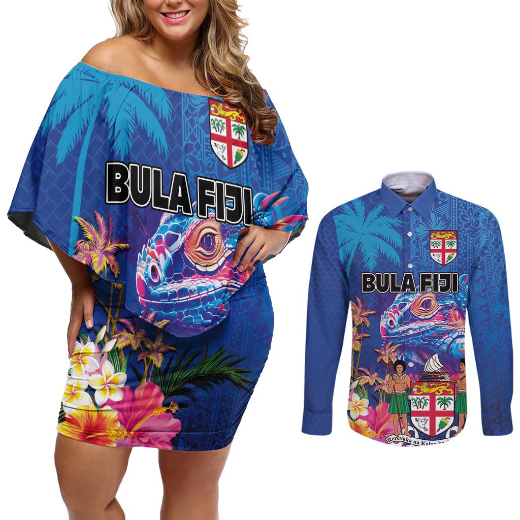 Fiji Bula Couples Matching Off Shoulder Short Dress and Long Sleeve Button Shirt Tropical Plants with Palm Tree and Iguana Colorful