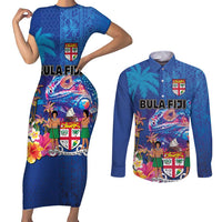 Fiji Bula Couples Matching Short Sleeve Bodycon Dress and Long Sleeve Button Shirt Tropical Plants with Palm Tree and Iguana Colorful