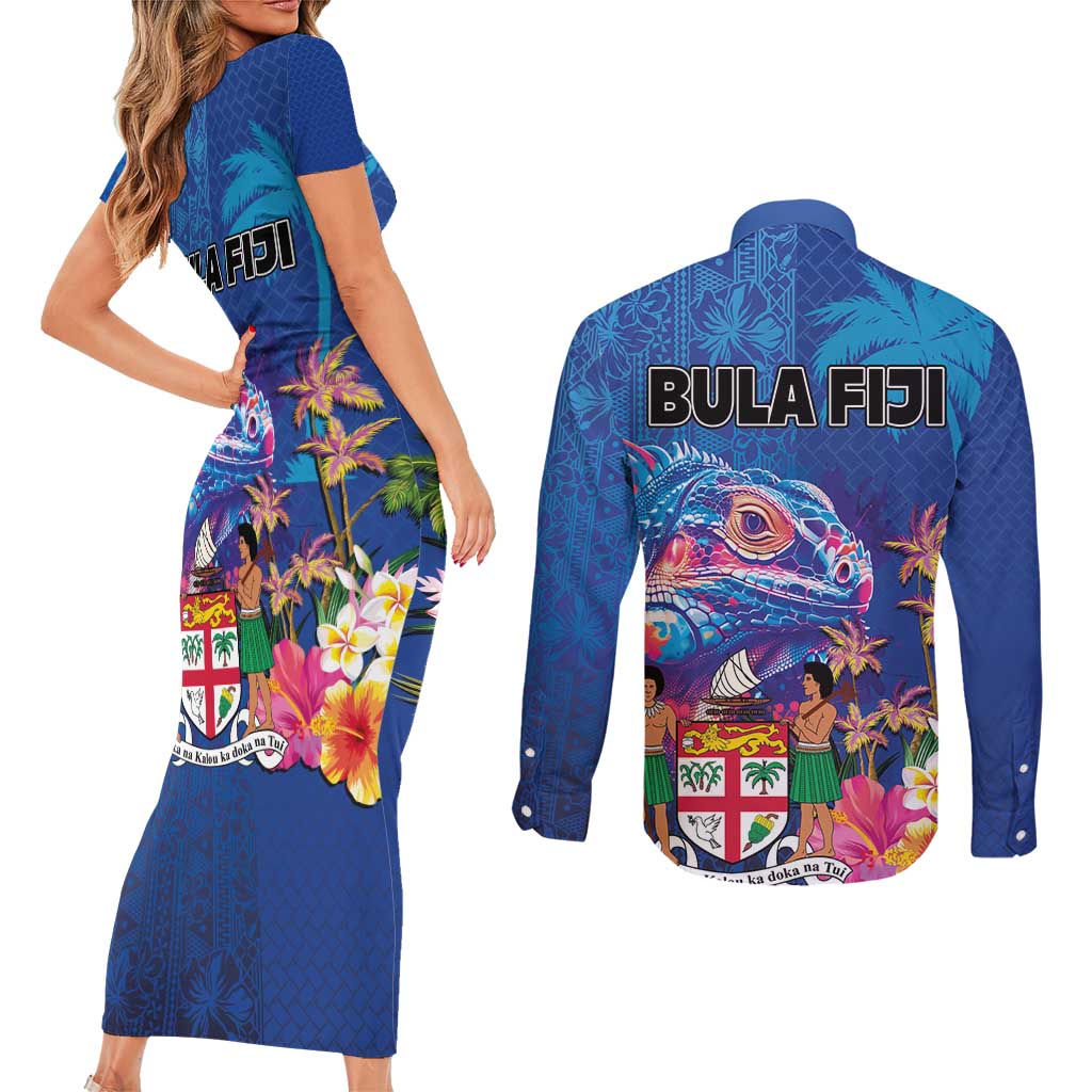 Fiji Bula Couples Matching Short Sleeve Bodycon Dress and Long Sleeve Button Shirt Tropical Plants with Palm Tree and Iguana Colorful